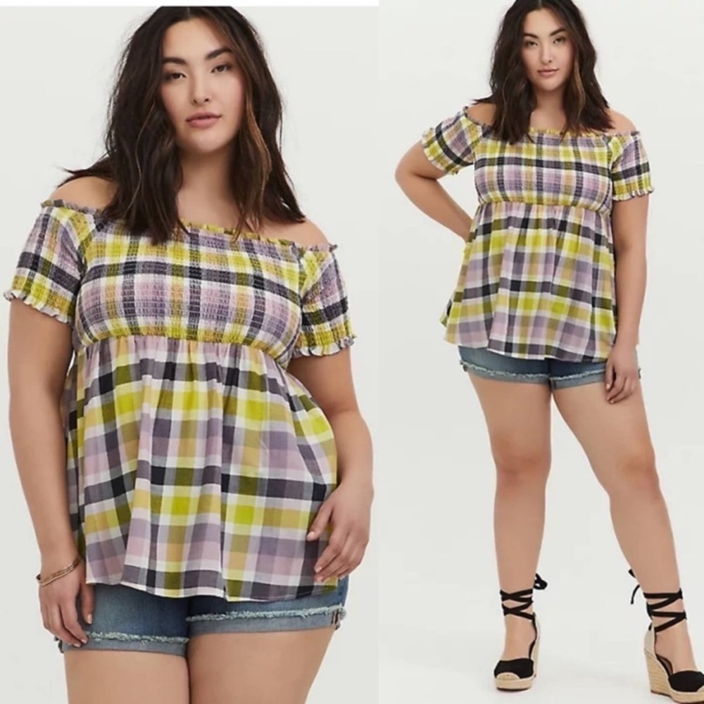 Torrid peplum‎ gauze smocked off shoulder top